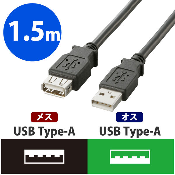 エレコム USB2.0延長ケーブル/ノーマル USB（A）オス - USB（A）メス ブラック 1.5m U2C-E15BK 1個